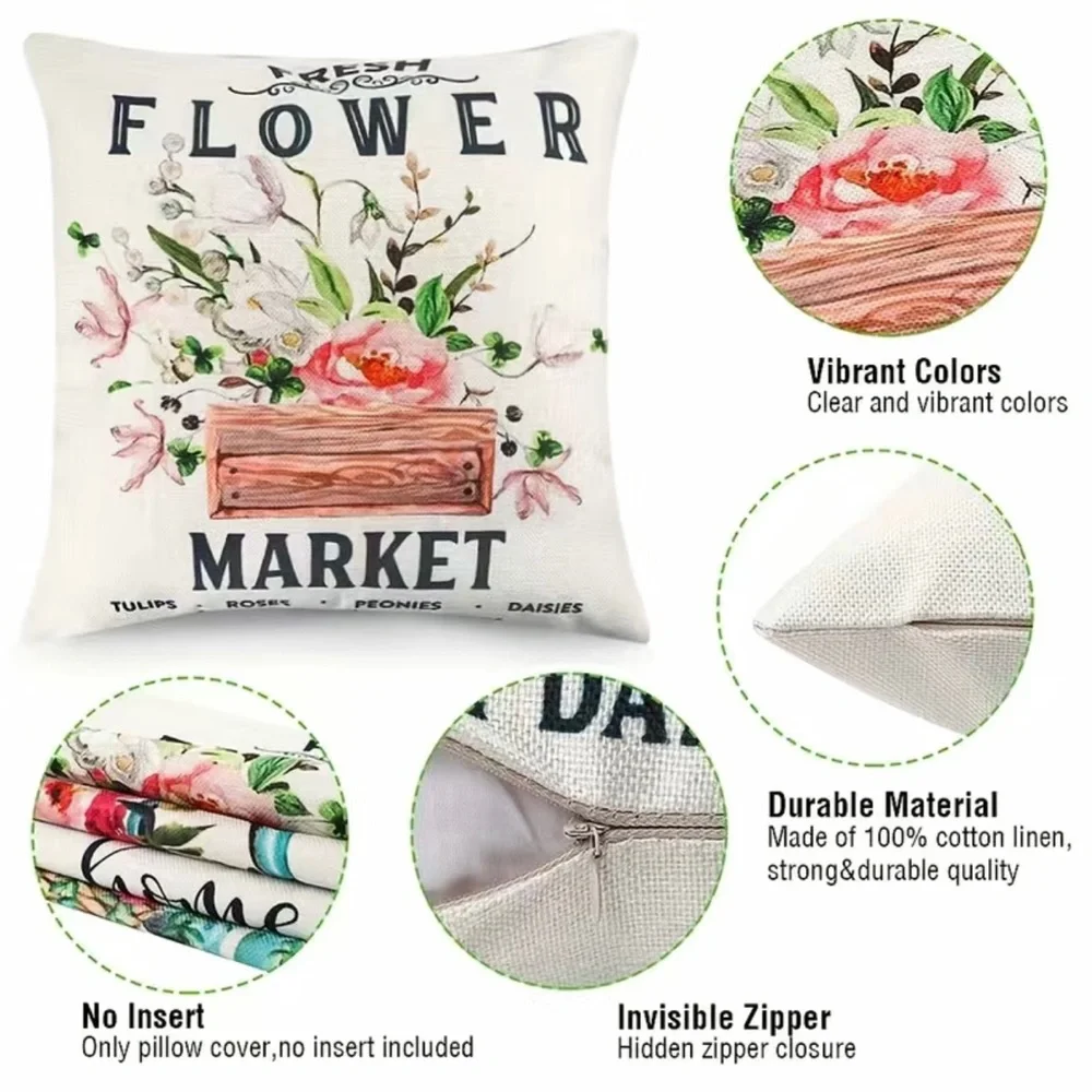 4pcs Flower Bicycle Car Print Pillow Covers, Linen Blend Pillowcases Farmhouse‎